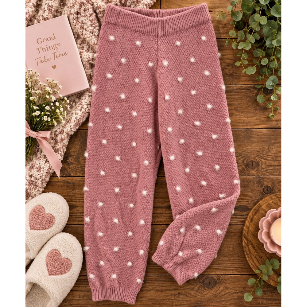 Kittenish Pom Pom Pants Large Pink Knit Wool Mohair Blend JP1697 Cozy Loungewear